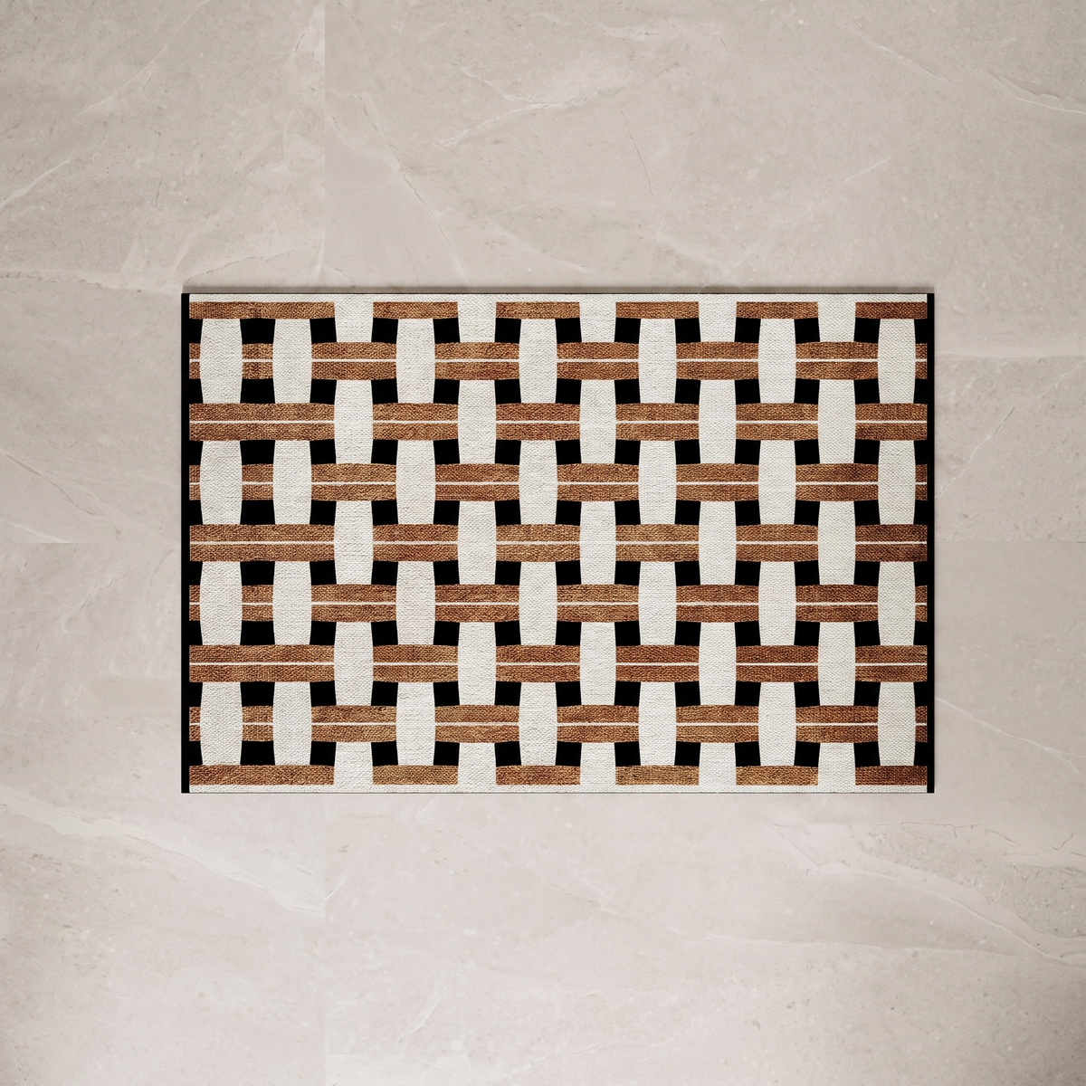 Brown and tan checkerboard bath mat, overhead on stone floor