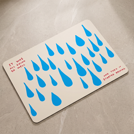 Blue dashes quick dry shower mat, overhead on stone floor