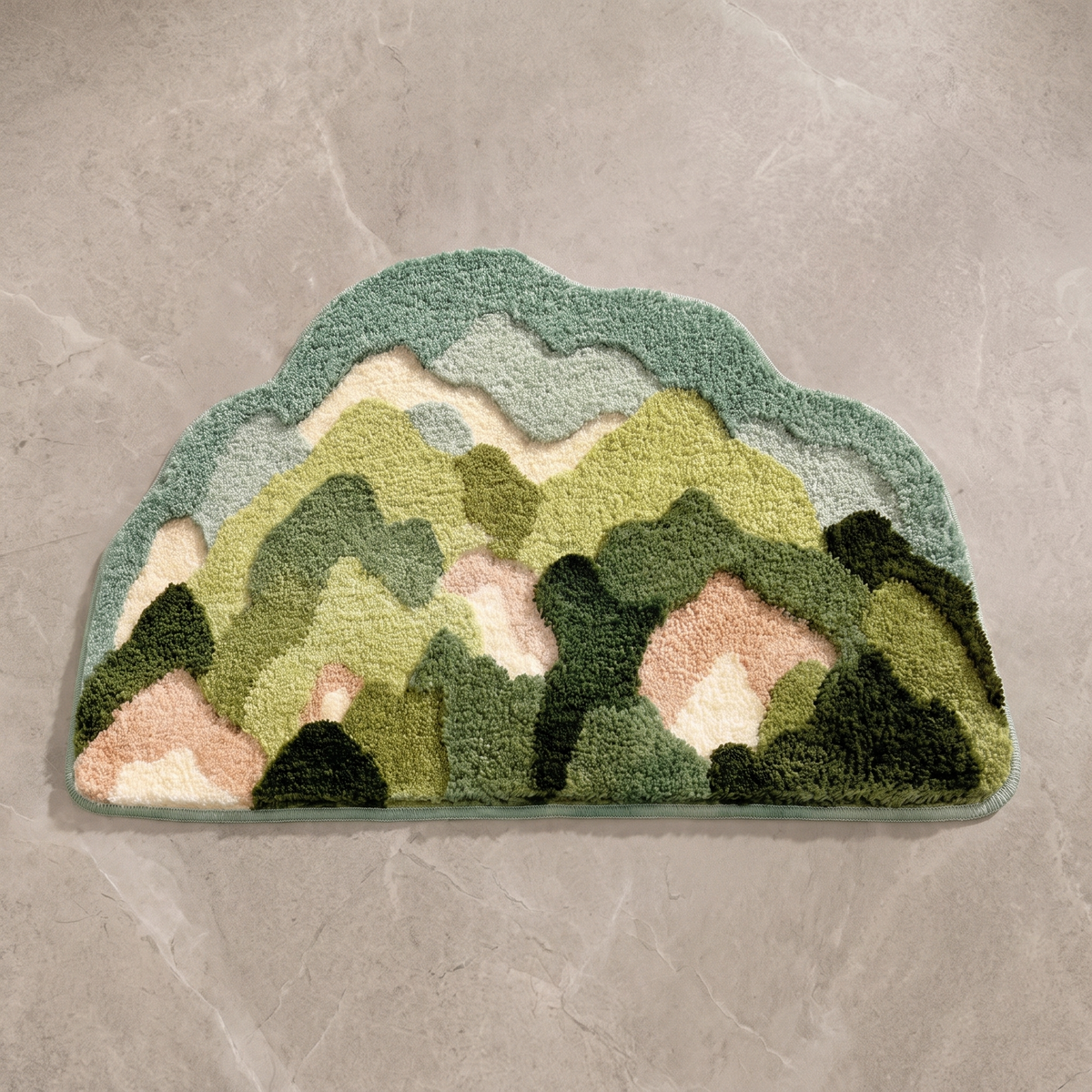 Mountain design flower shaped bath mat, overhead on stone floor