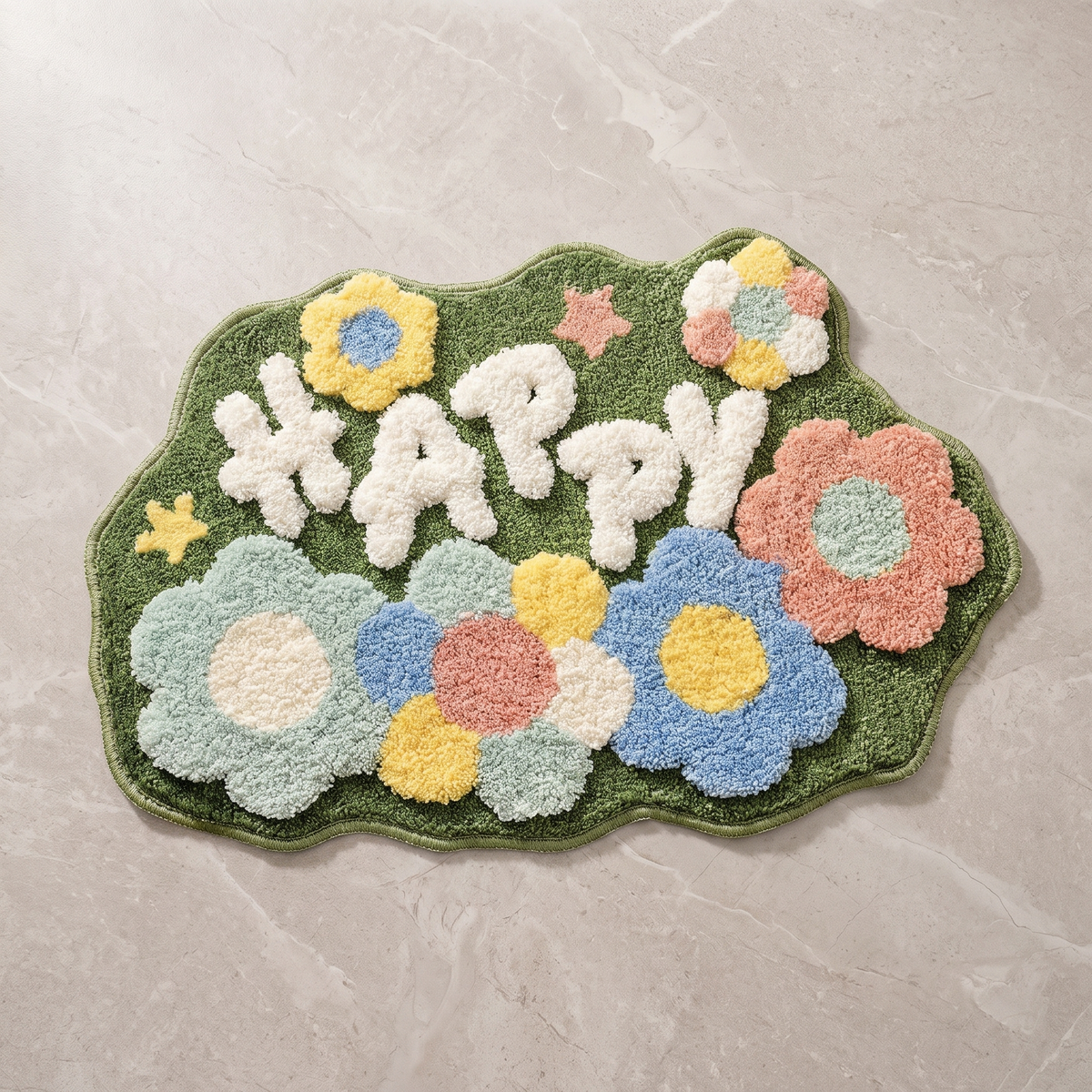 Happy design flower shaped bath mat, overhead on stone floor