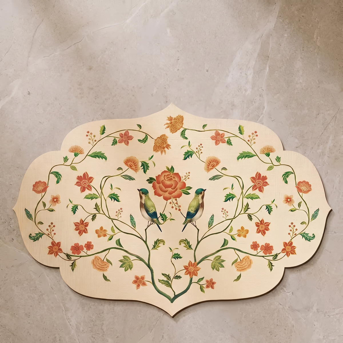 Autumn Song quick dry floral mat, overhead on stone floor