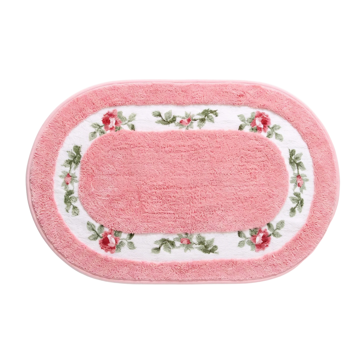 Oval floral bath mat on a white background, overhead