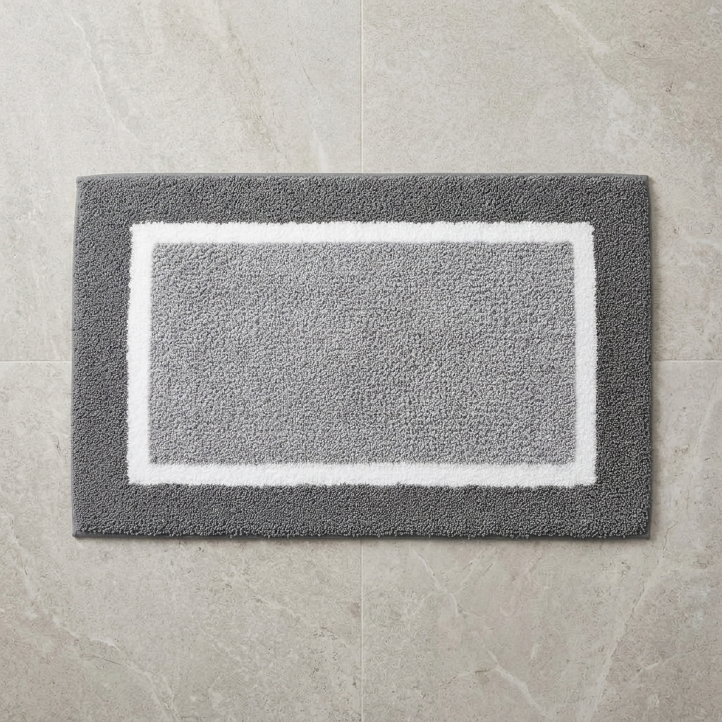 Black striped microfiber bath mat on stone floor, overhead