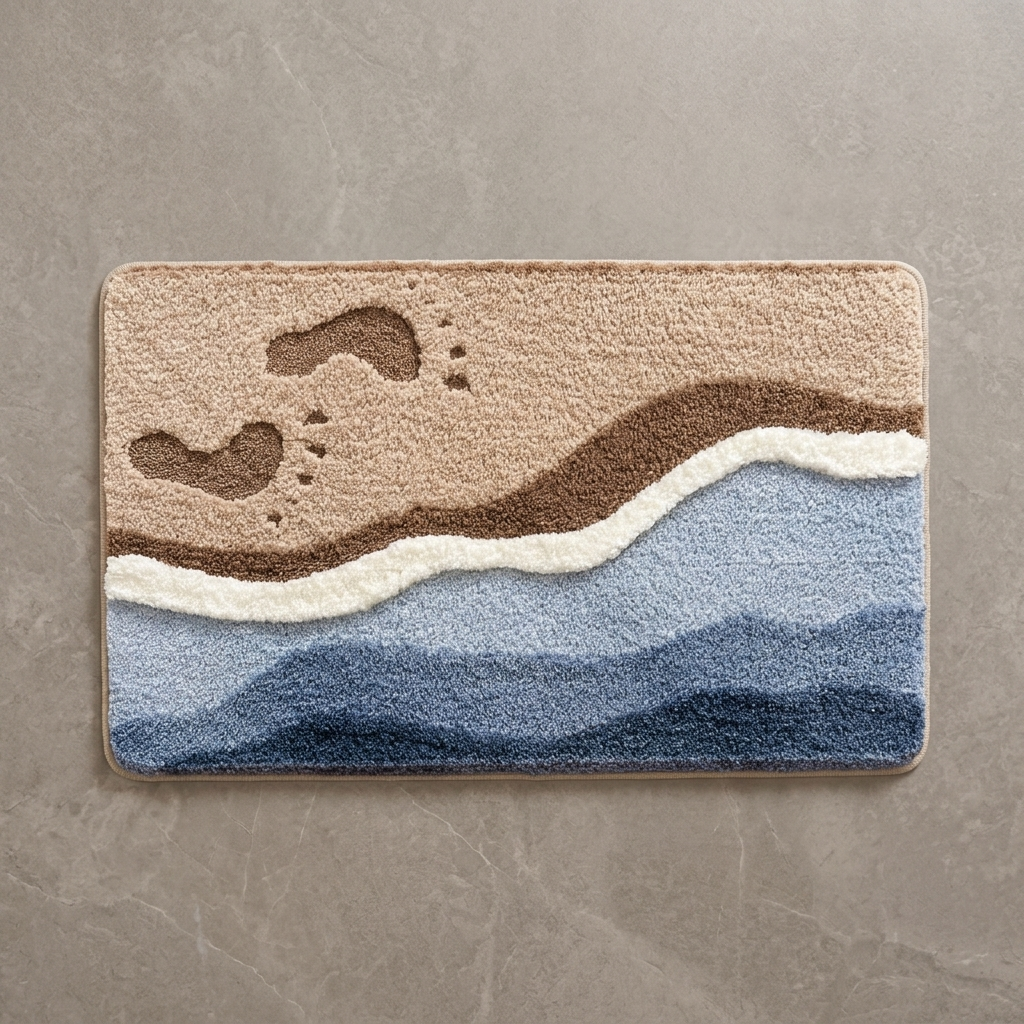 Beach Walk terrain plush bath rug on stone floor, overhead