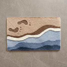 Beach Walk terrain plush bath rug on stone floor, overhead