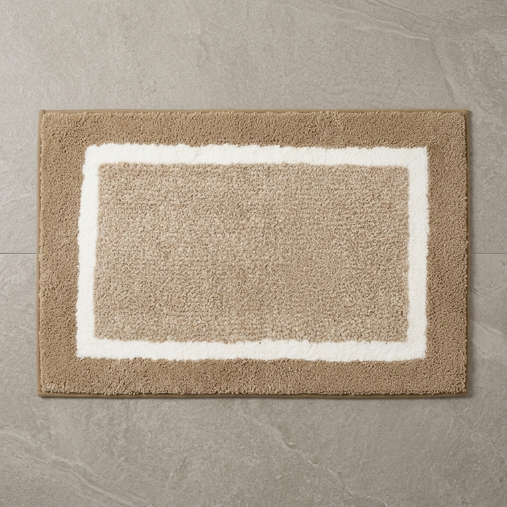 Red striped microfiber bath mat on stone floor, overhead