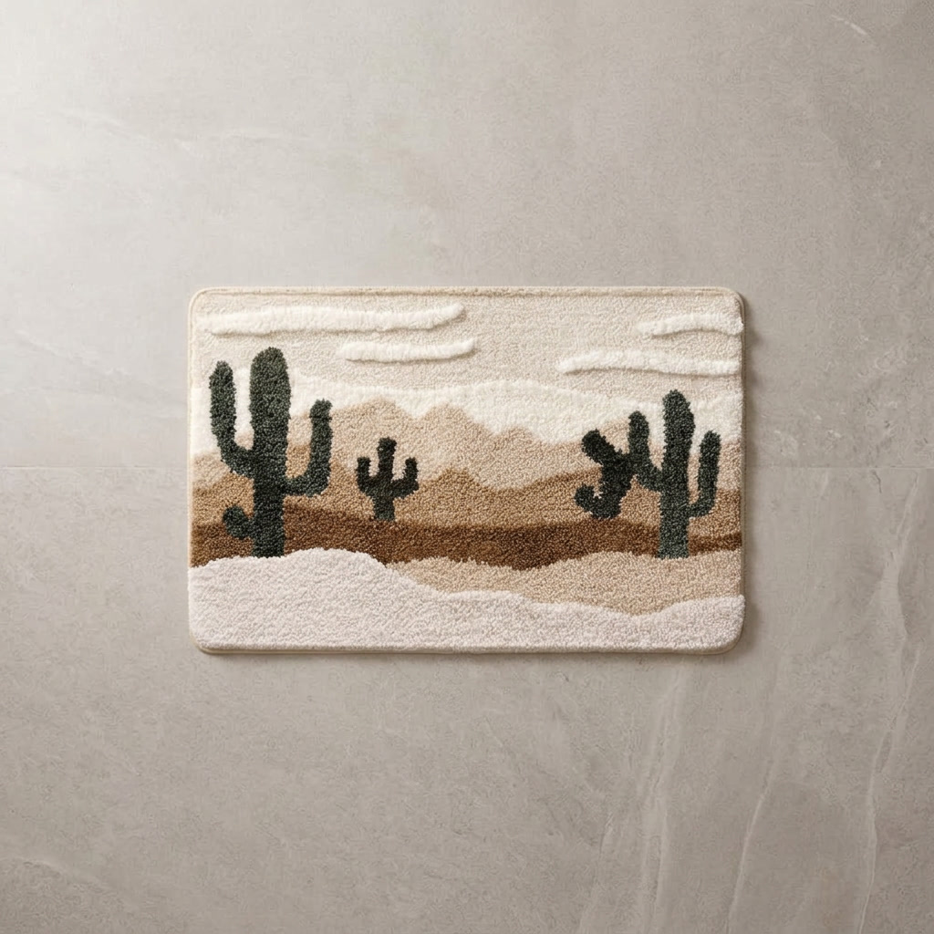 Desert Horizon terrain plush bath rug on stone floor, overhead