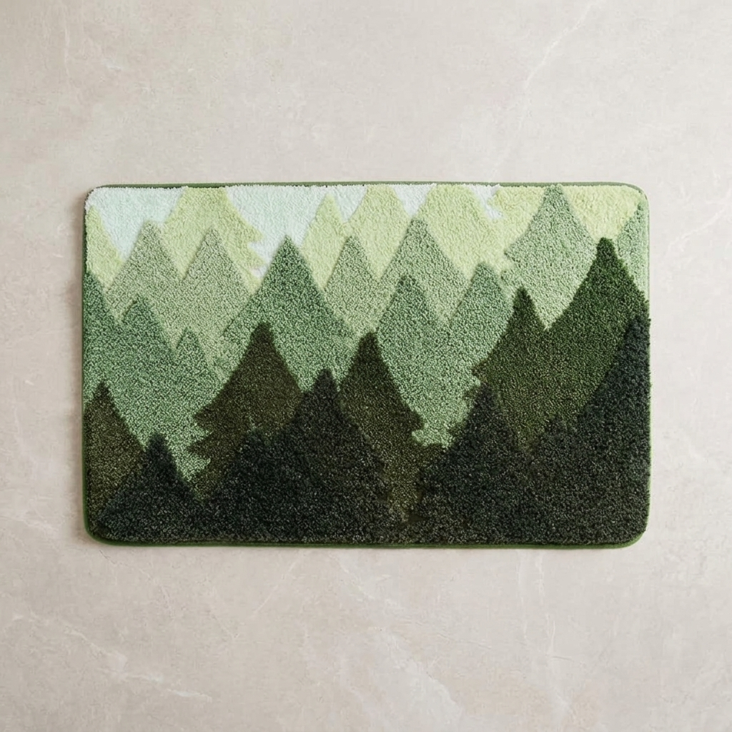 Forest Retreat terrain plush bath rug on stone floor, overhead