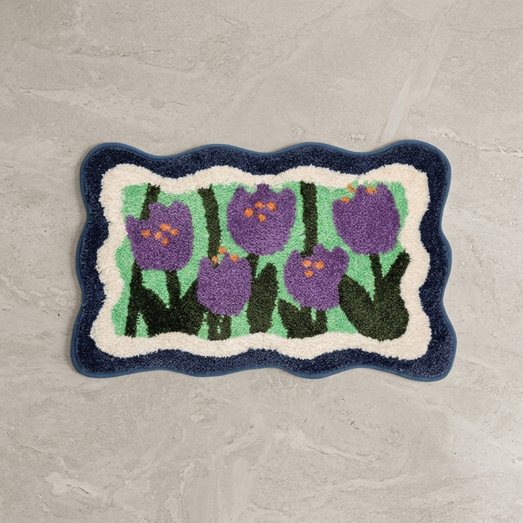 Blue colorful floral bath mat on stone floor, overhead