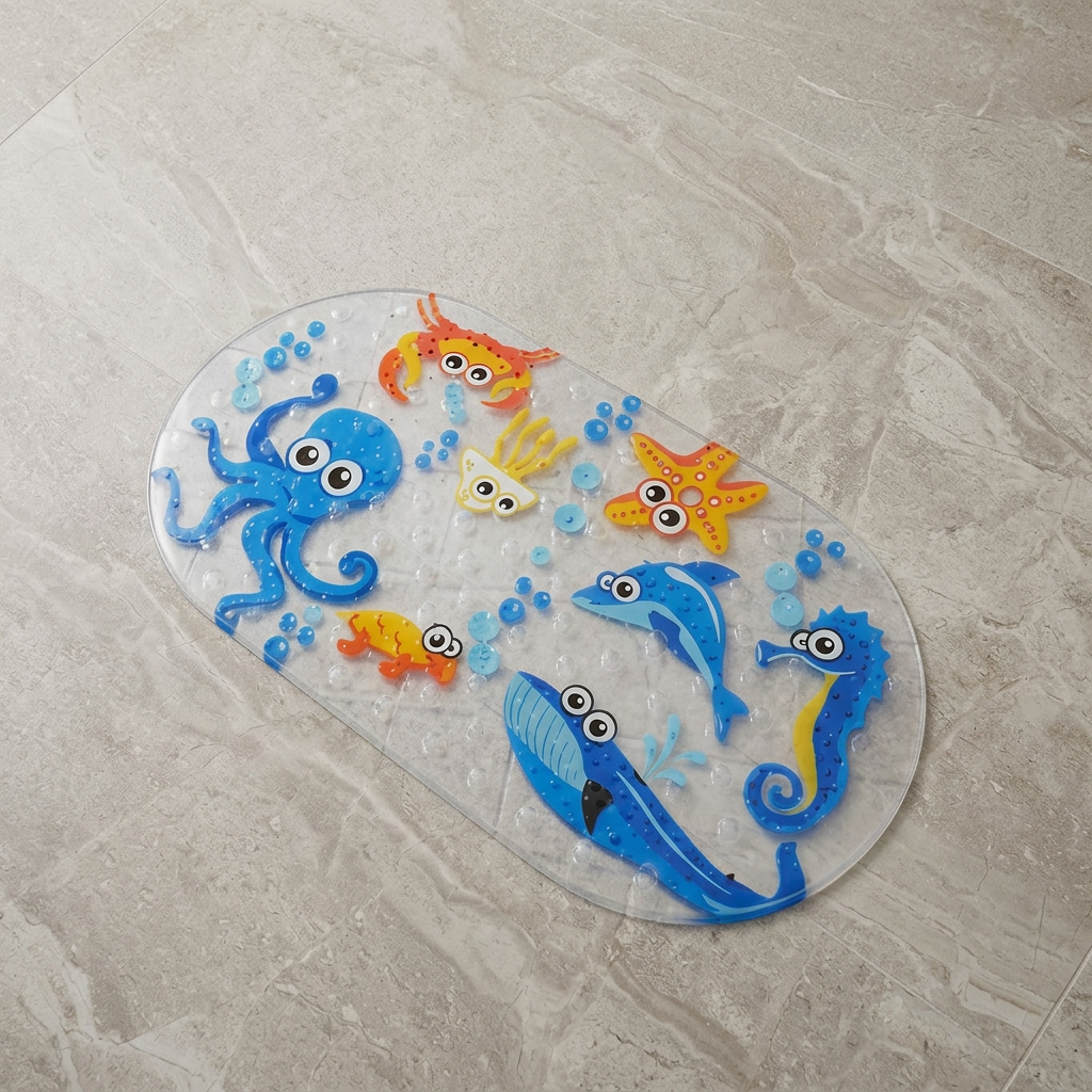 Style 1 Playwave Funduck bath mat on stone floor, overhead