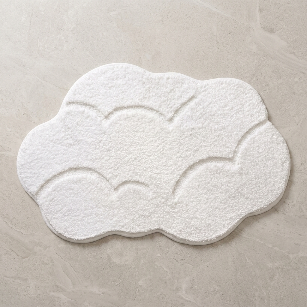 Cloud Harbor terrain plush bath rug on stone floor, overhead