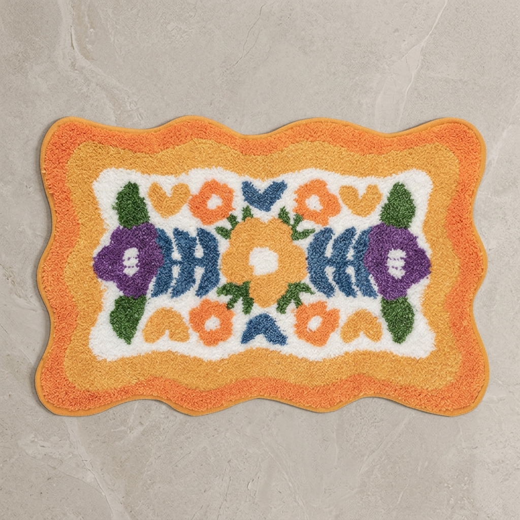 Orange colorful floral bath mat on stone floor, overhead
