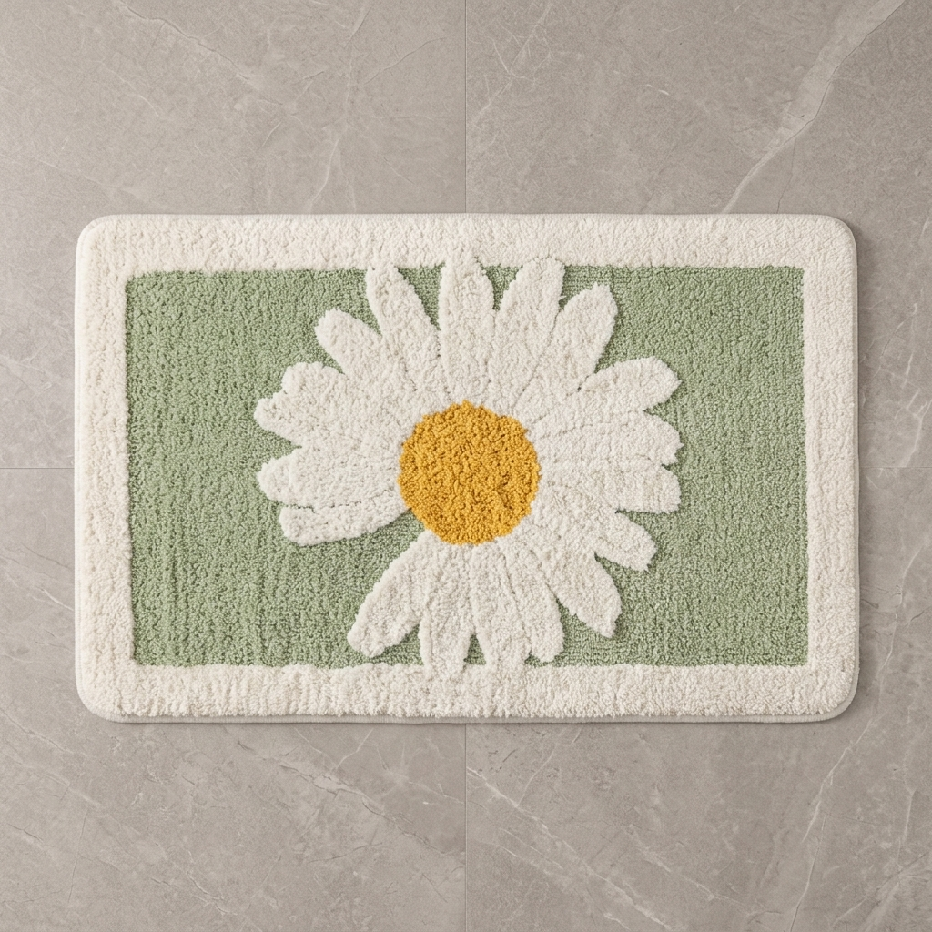 Sage Daisy plush bath mat on stone floor, overhead
