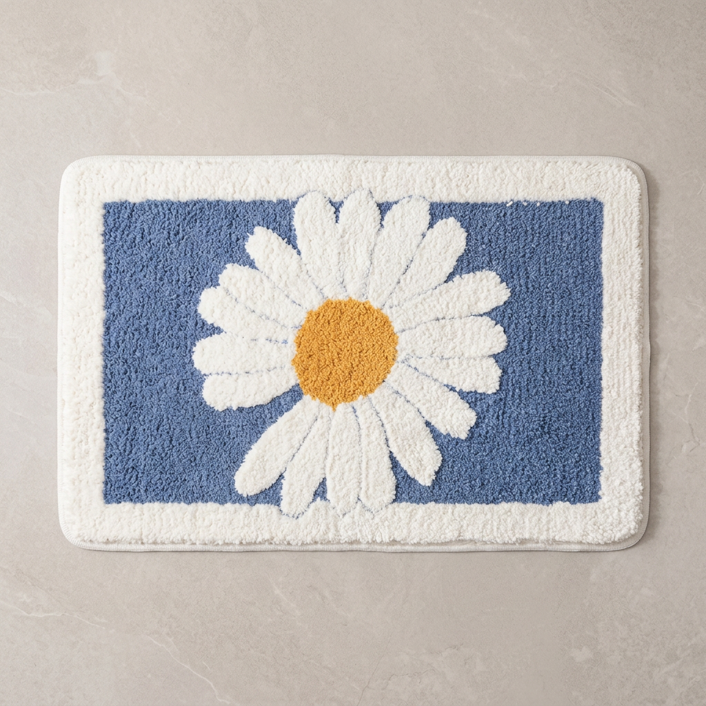 Denim Petal plush bath mat on stone floor, overhead