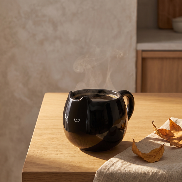 Black cat ceramic mug with coffee on an oak kitchen table