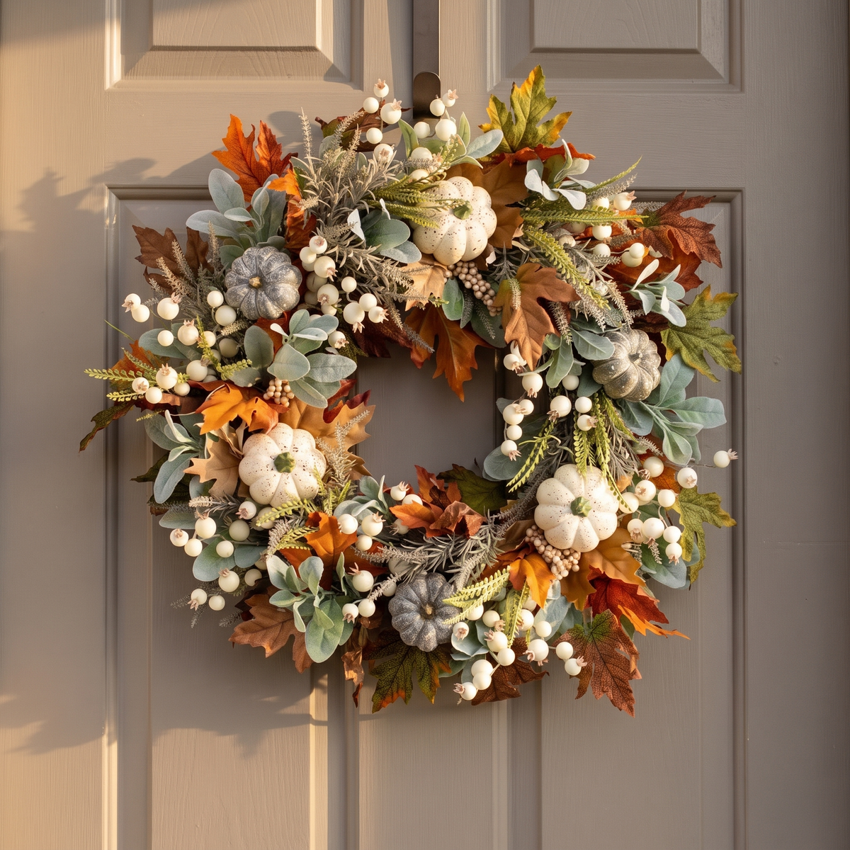 Farmhouse fall wreath with white pumpkins on a front door