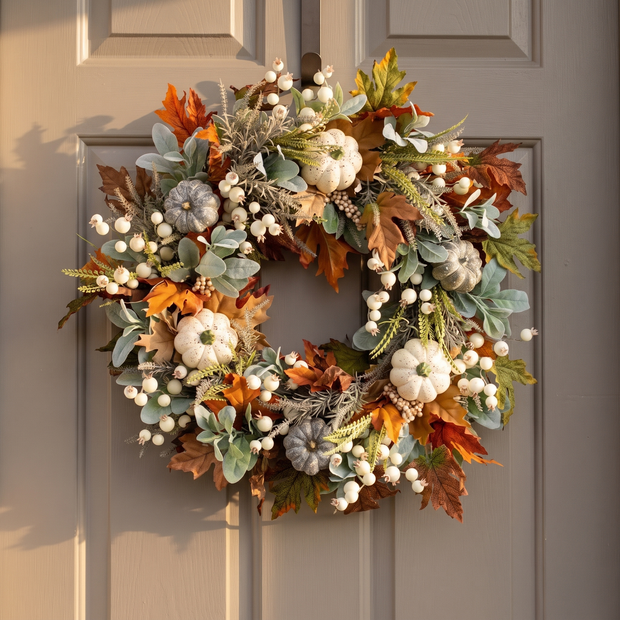 Farmhouse fall wreath with white pumpkins on a front door