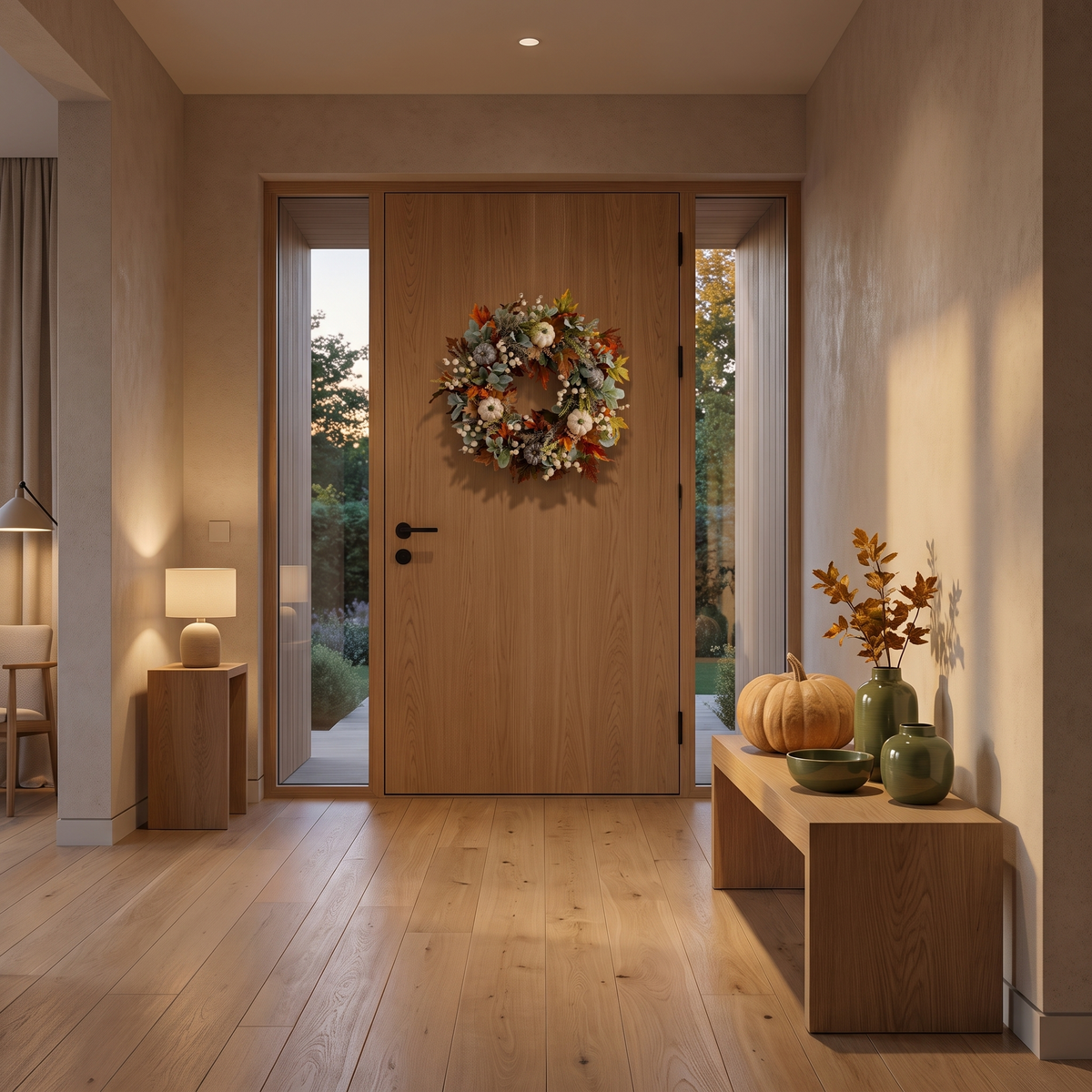 Farmhouse fall wreath on the front door of an entrance hall