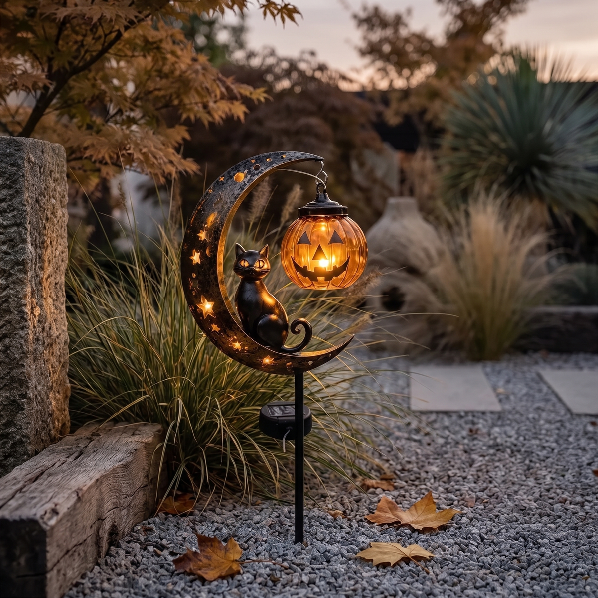 Solar cat and moon garden stake glowing in a garden bed