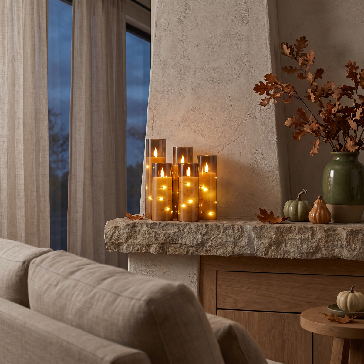 Flameless LED candles on a fireplace mantel at dusk