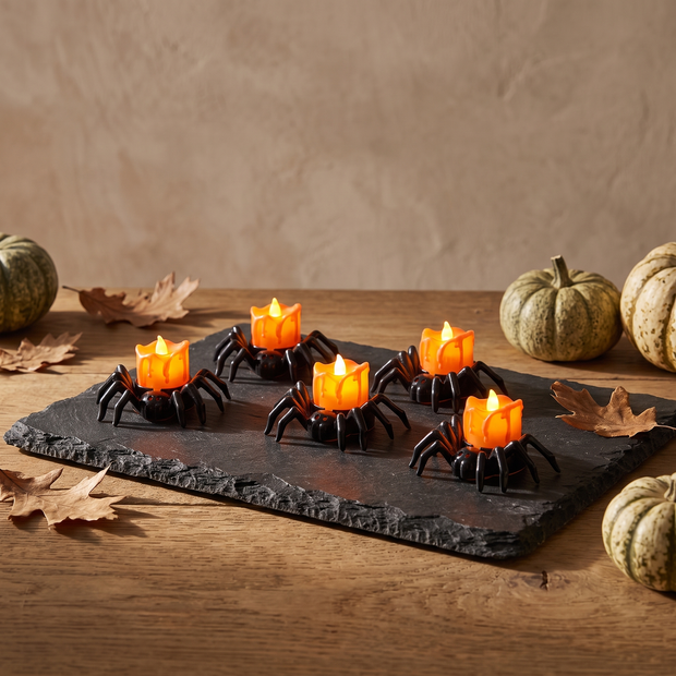 Spider LED tealights glowing on a slate tray