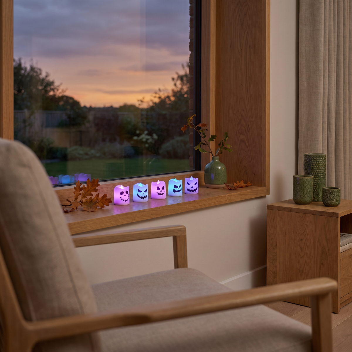 Ghost face LED tealights on a windowsill at dusk