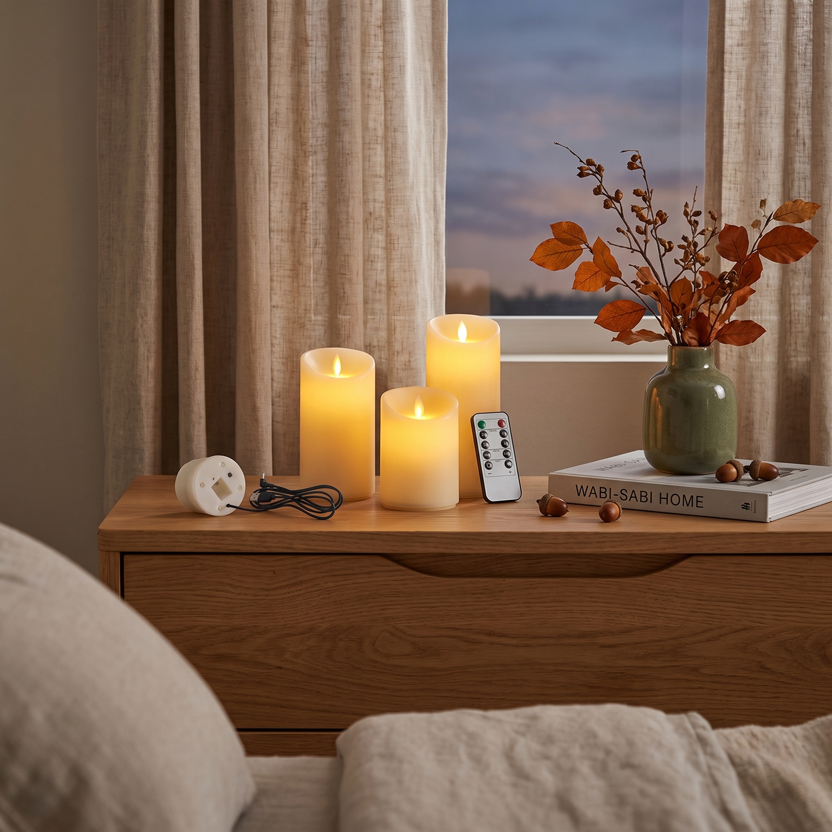 Flameless pillar candles on a bedroom dresser at dusk