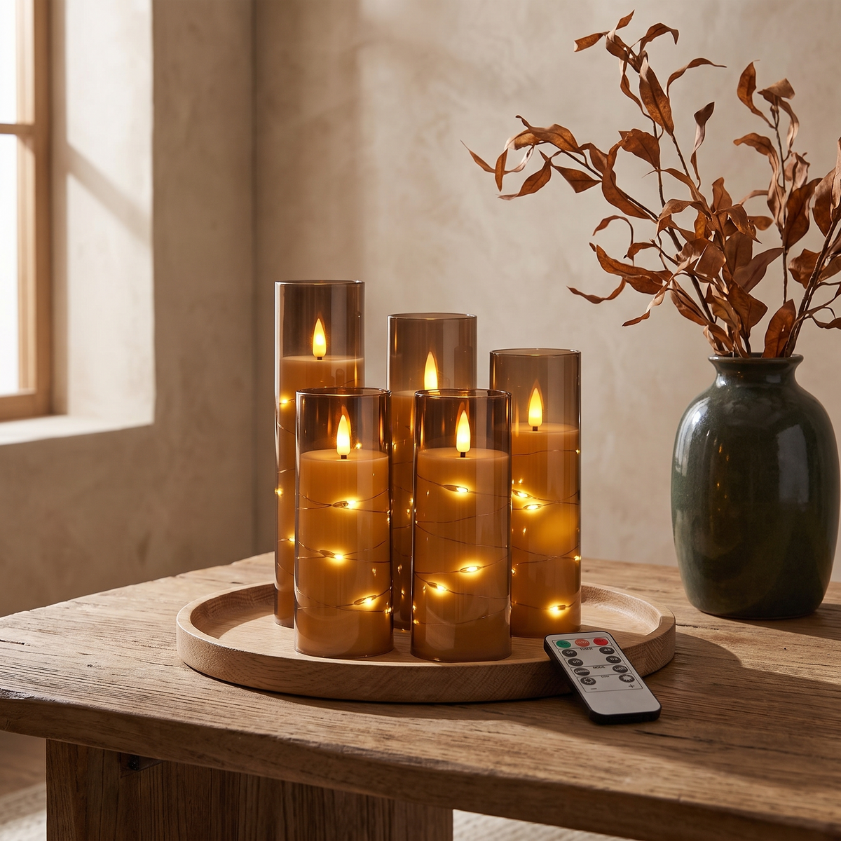 Flameless LED pillar candles with star lights on an oak tray