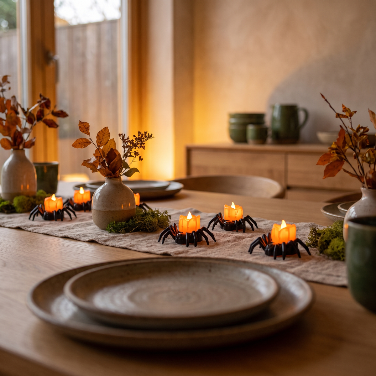 Spider LED tealights along a dining table runner