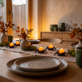Spider LED tealights along a dining table runner