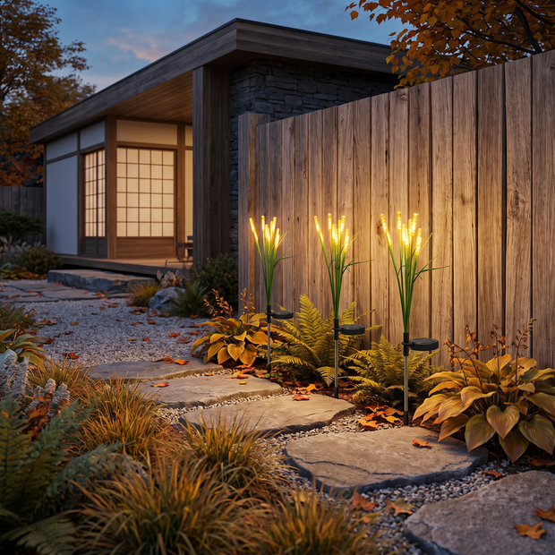 Solar reed lights beside a garden path at dusk