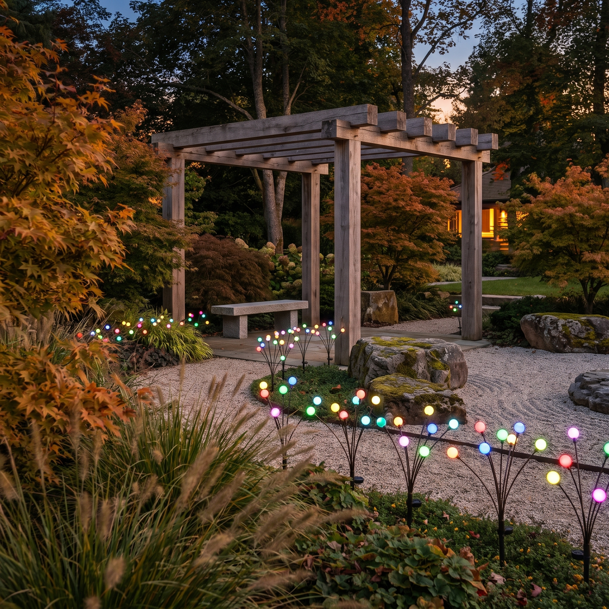 Solar firefly lights lining a garden path at dusk