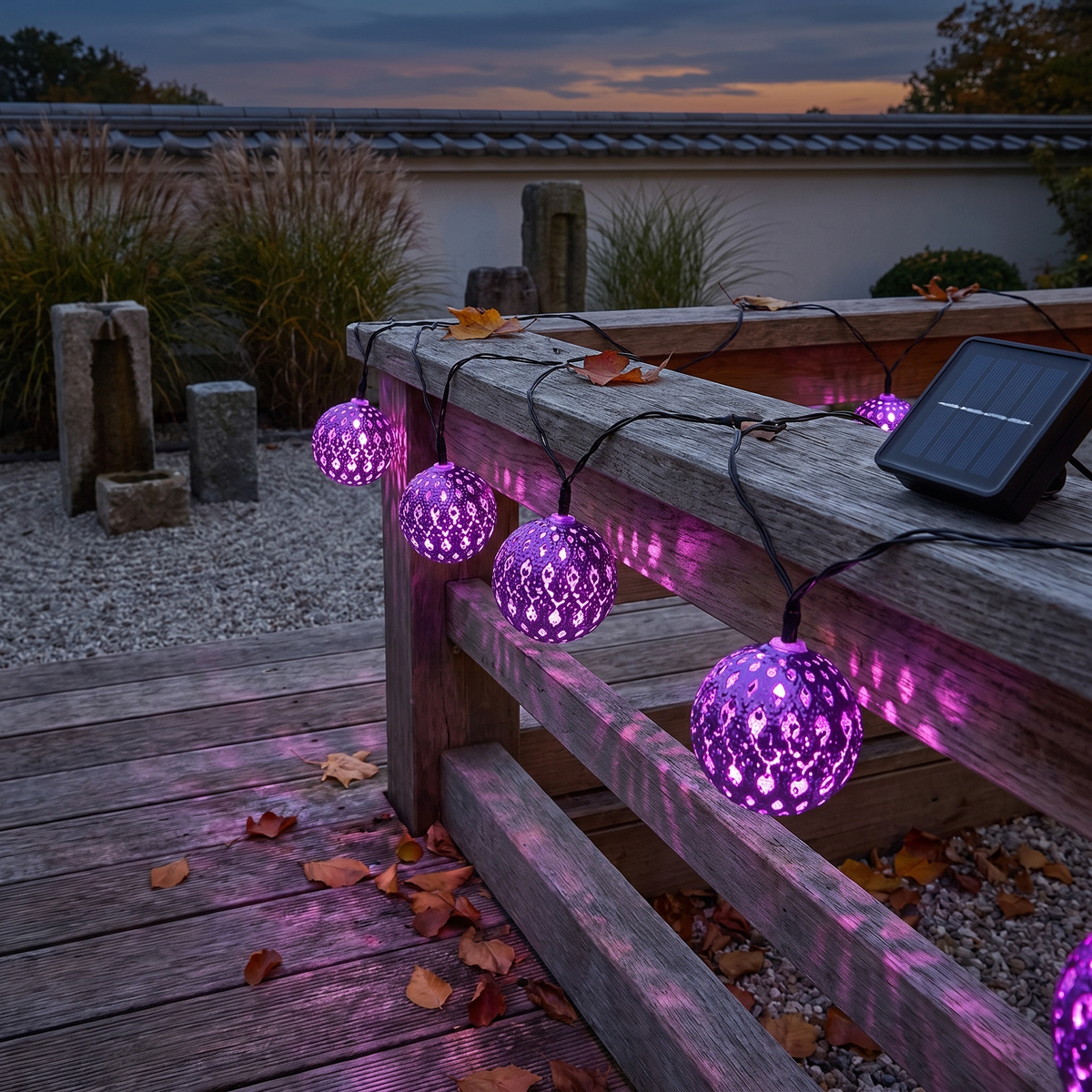 Moroccan filigree solar string lights on an oak railing
