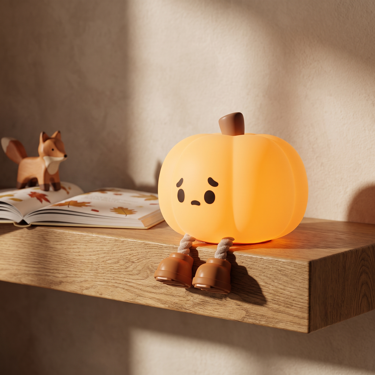Silicone pumpkin night light on a shelf in a kids room
