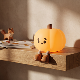 Silicone pumpkin night light on a shelf in a kids room