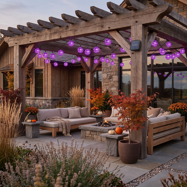 Moroccan solar string lights draped across a patio pergola