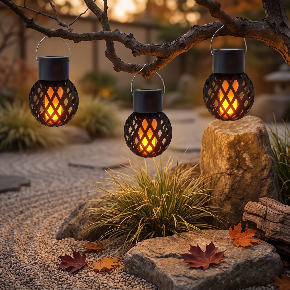 Solar flicker lanterns hanging from a maple branch