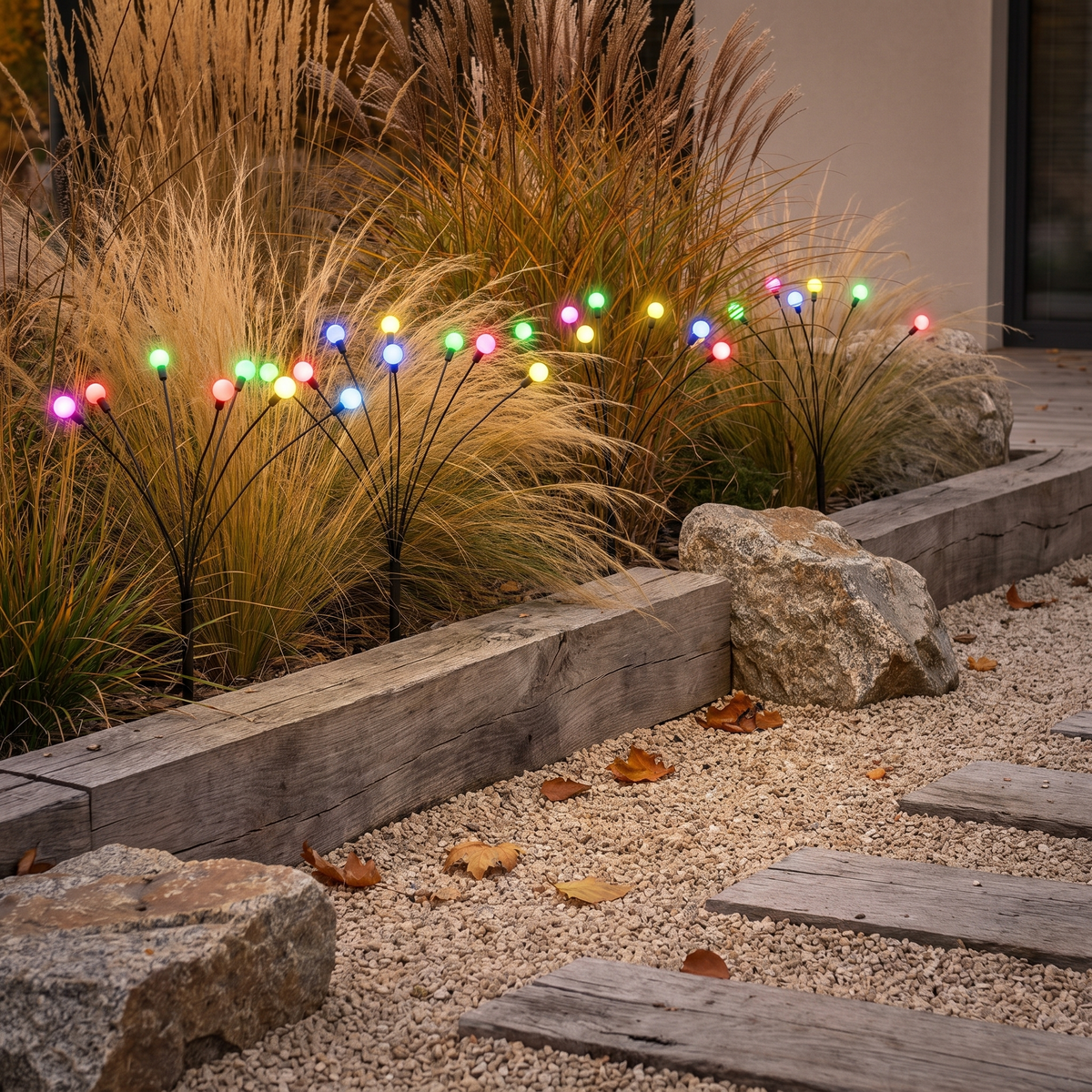 Solar firefly lights glowing among ornamental grasses