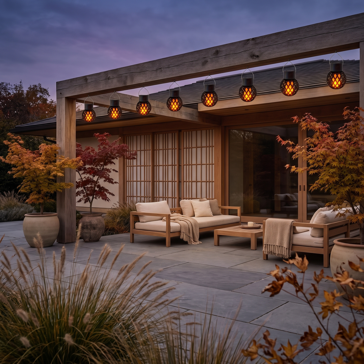 Solar lanterns hanging along a patio pergola at dusk
