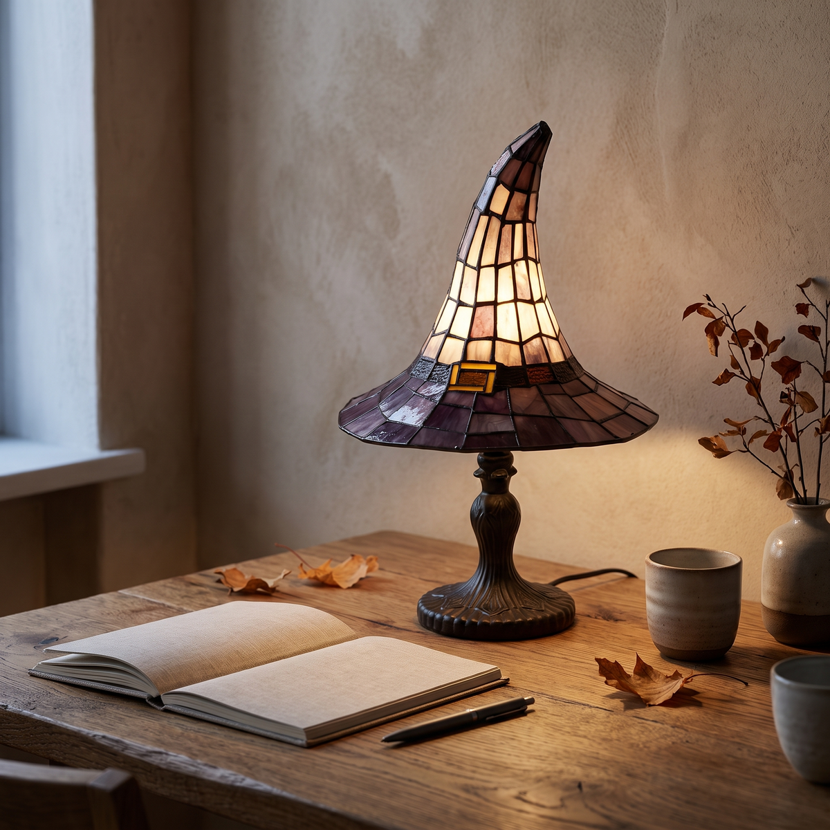 Witch hat table lamp glowing on an oak desk