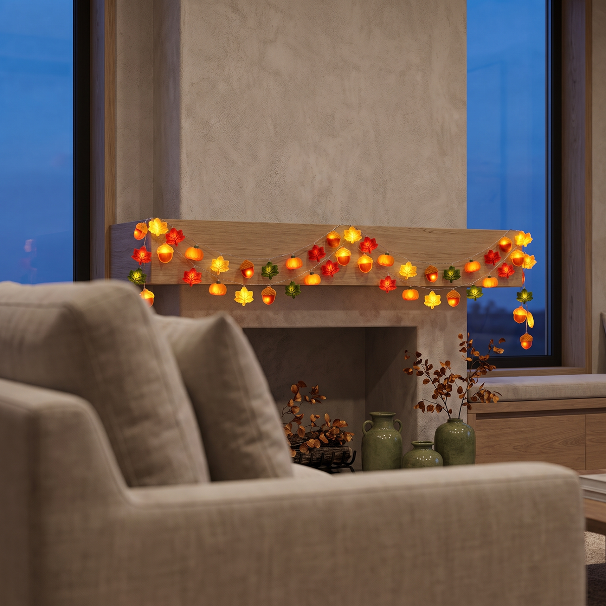 Fall LED garland on a living room fireplace mantel