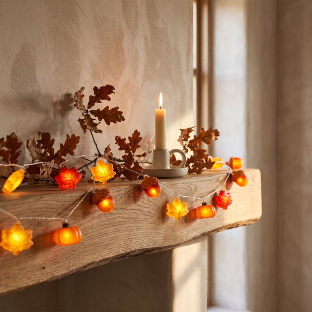 Pumpkin and maple leaf LED garland on an oak mantel