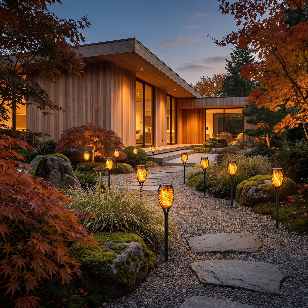Solar flame torch lights lining a garden path