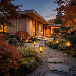 Solar flame torch lights lining a garden path