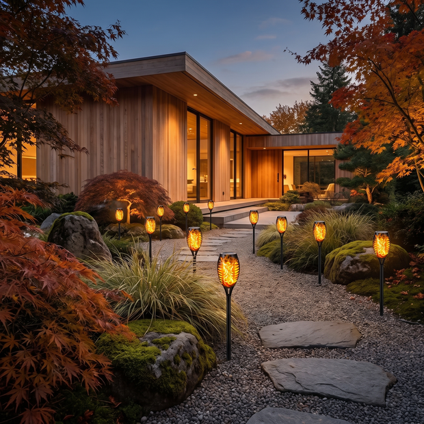 Solar flame torch lights lining a garden path