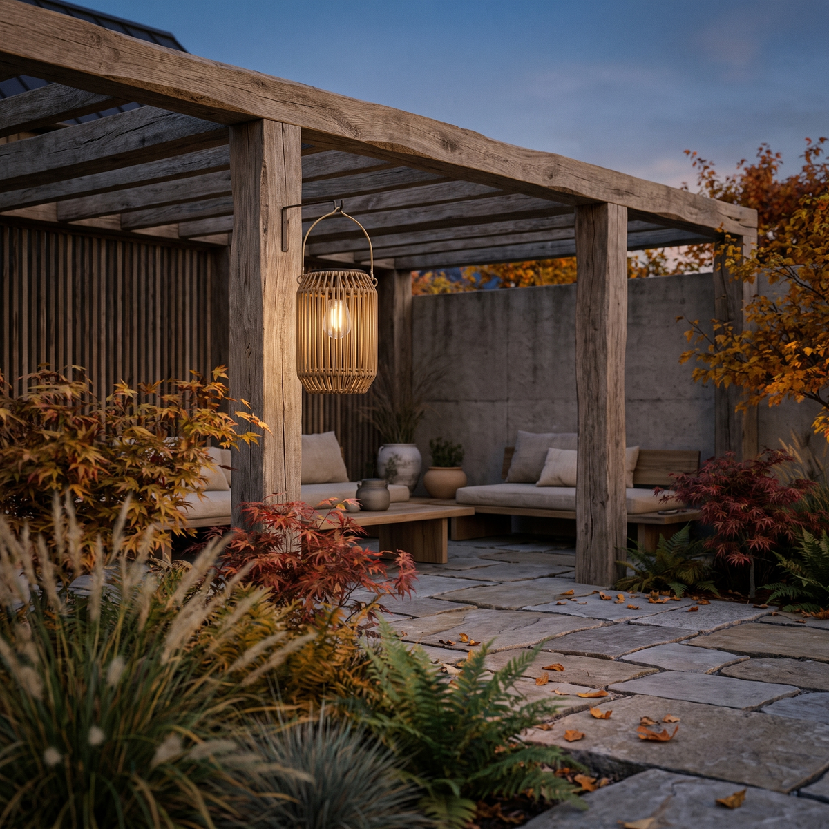 Rattan solar lantern on a patio pergola at dusk