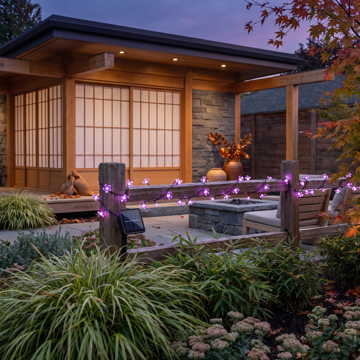 Cherry blossom solar string light along a garden fence