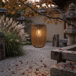 Woven rattan solar lantern hanging from a maple branch