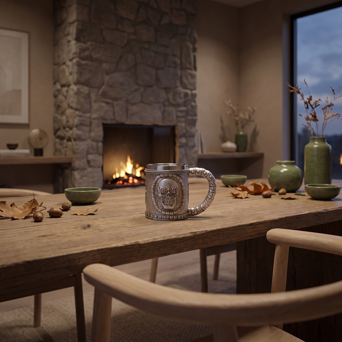 Dragon tankard on an oak table by a stone fireplace