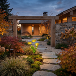 Solar hydrangea lights along a garden path at dusk
